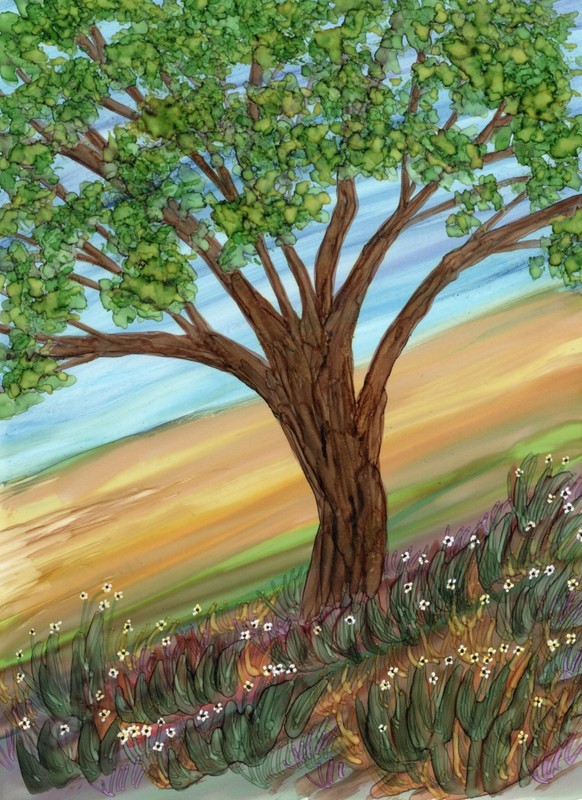 Alcohol Ink, Hillside Fantasy, Tree, Flowers, Original Painting, 5.5x7.5 Signed