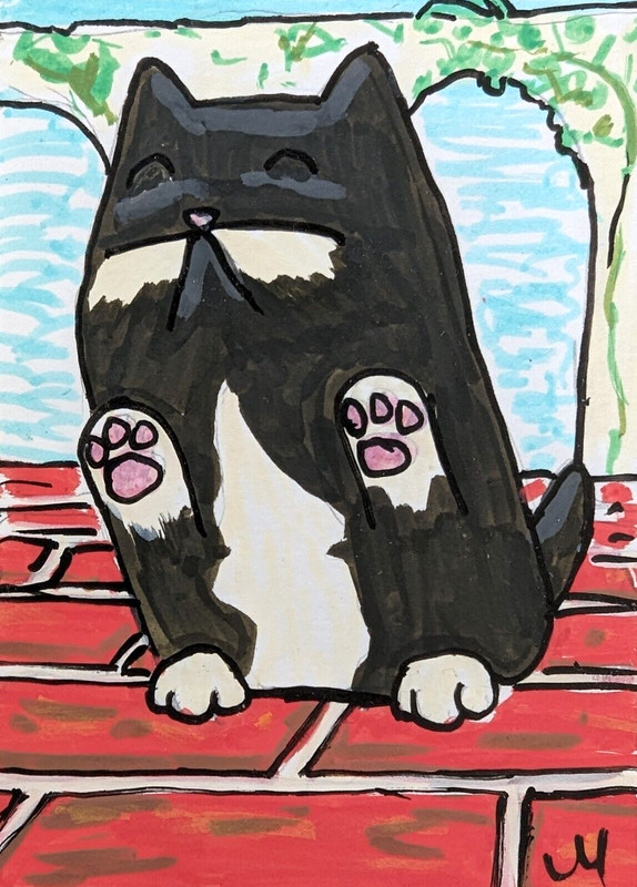 ACEO Cat Painting Original Collectible Tuxedo Garden Folk Art By Josh Merritt