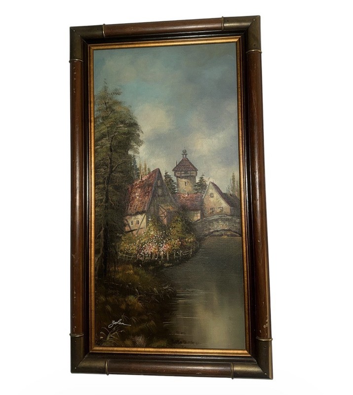 Vintage Authentic Oil Painting By Artist Zolan Title-German Home. 12”x24”