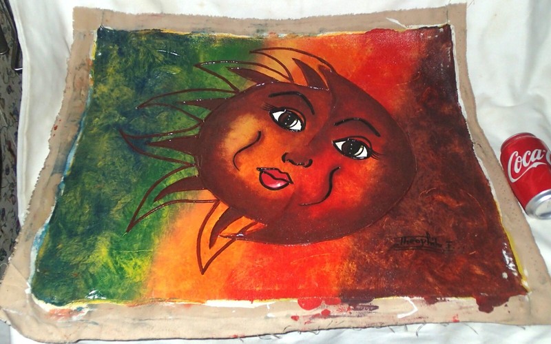 VINTAGE RETRO MCM MID CENTURY MODERN 1960’s SUN & MOON FACE OIL PAINTING CANVAS