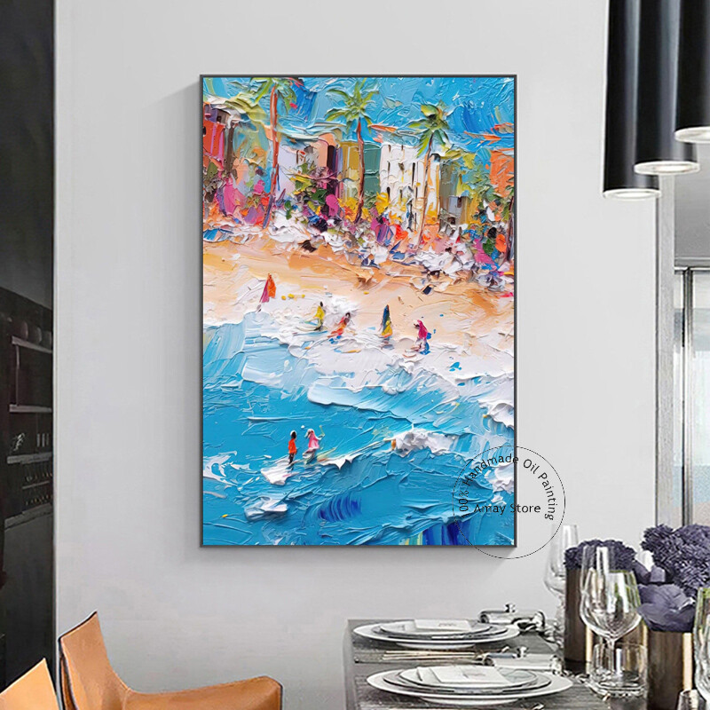 Modern Handmade Abstract Beach Scenery Oil Paintings On Canvas For Room Decor