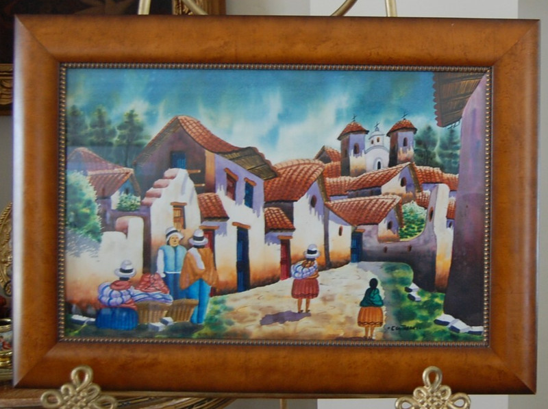 VTG FRAMED SIGNED CONTRERAS ORIGINAL WATERCOLOR PERUVIAN VILLAGE LANDSCAPE SCENE