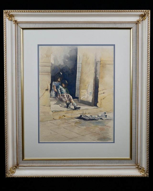 Vintage Framed Signed Original Watercolor Painting «Street Scene After the War»