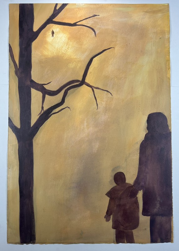 Watercolor Painting Women With Child In Fog – Lonely Tree Ghostly Figure 22×15”