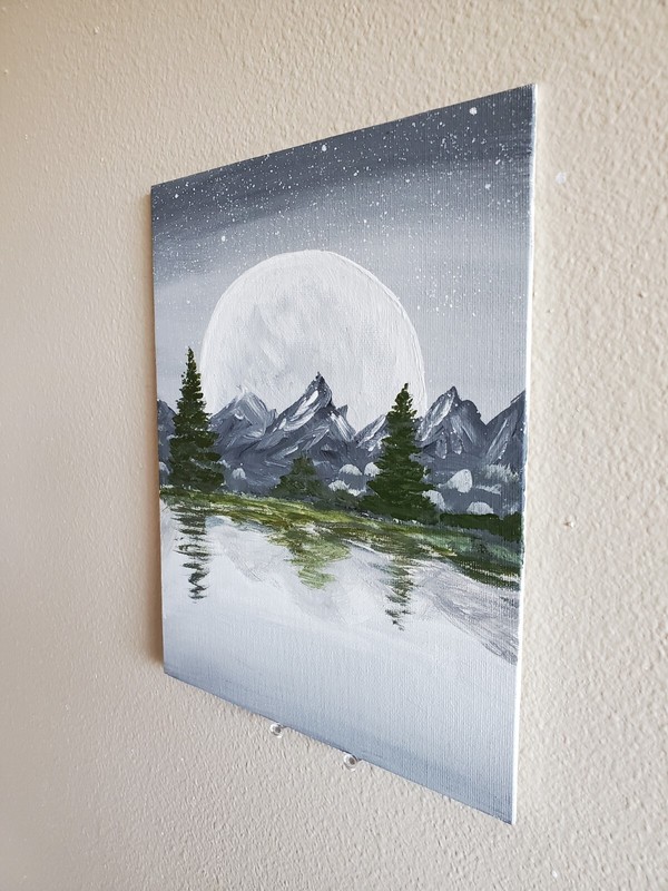 Handmade Painting Acrylic Art Panel 10x8x1/16in Decor Night Moon Mountains Lake gallery