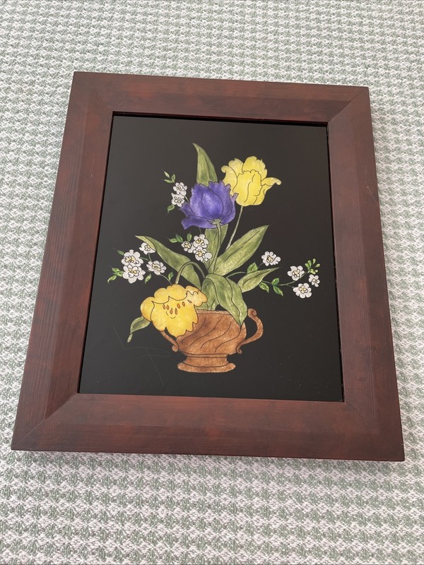 Vintage Tinsel Foil Reverse Painting on Glass Floral Framed Art