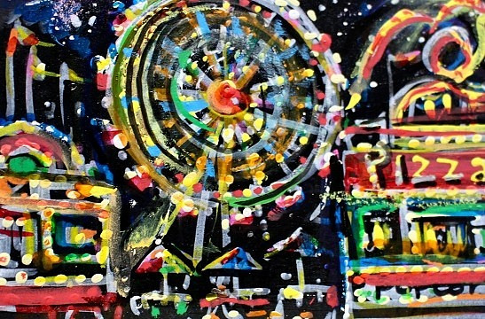 ORIGINAL ACEO Painting CARNIVAL Fair Amusement Park Fireworks Rides Fun ATC ART