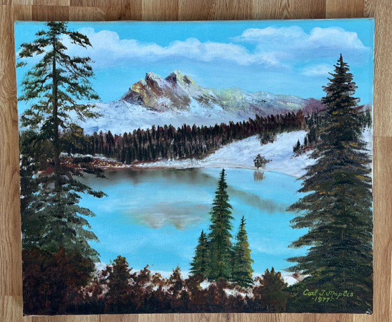 CARL J MAPLES SANTA FE N.M. ARTIST SNOWY MOUNTAIN PAINTING ON CANVAS 20″ X 24″