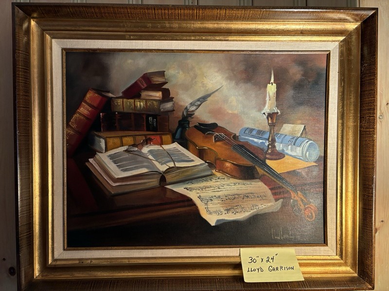 FRAMED LLOYD GARRISON ORIGINAL OIL PAINTING 30”-24” OF COLONIAL PAINTER