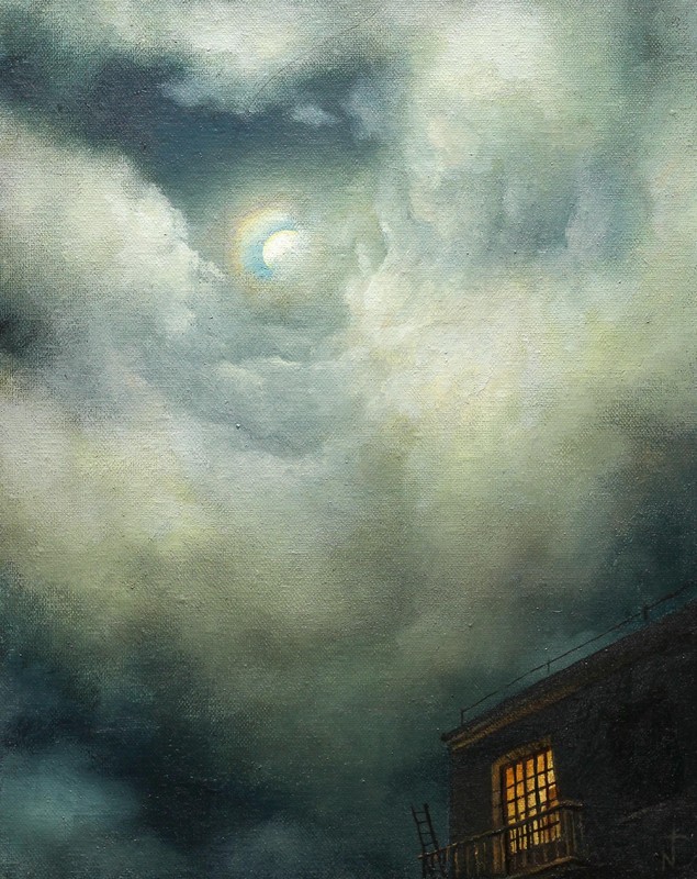 Original Oil Painting Urban Night Sky Cityscape Clouds Window Light Impressionis