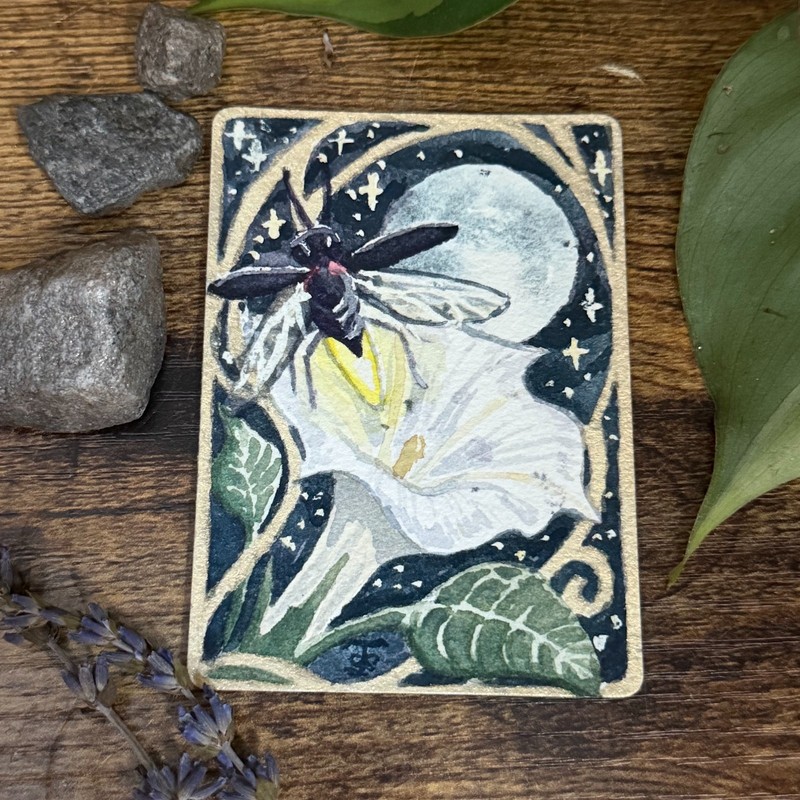 Original Watercolor ACEO Firefly Moonflower OOAK Art Nouveau Night Miniature