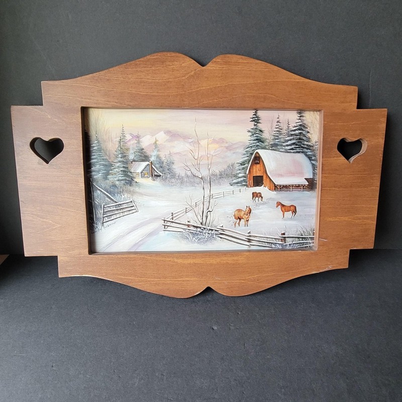 Vintage Framed Winter Horses and Barn Painting Farmhouse Rustic 70s Hearts