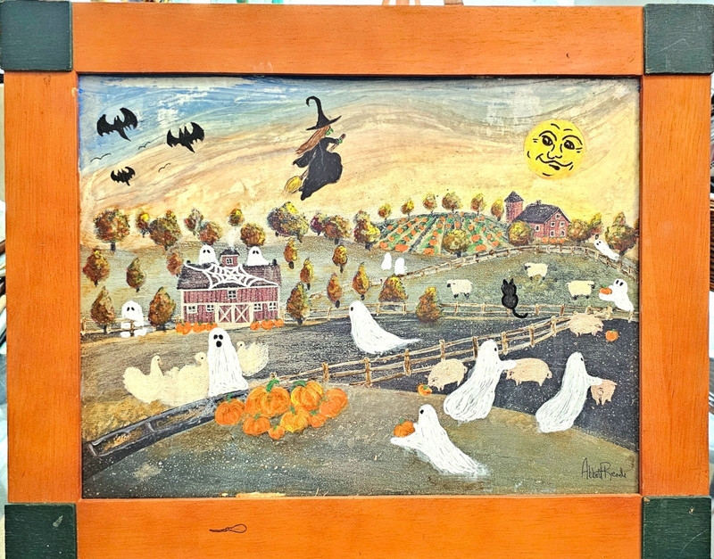 Original Halloween Folk Art Painting Ghosts Pumpkin Farm OOAK Framed Art