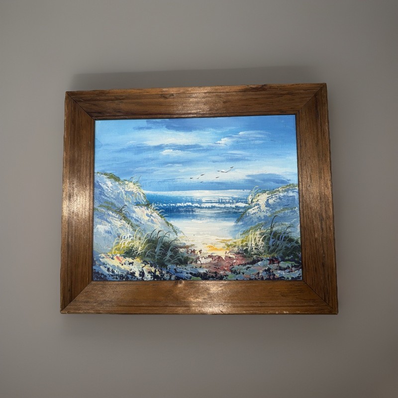 Vintage Ocean Beach Scene Oil Painting Gold Frame Mid Century Coastal Decor Best