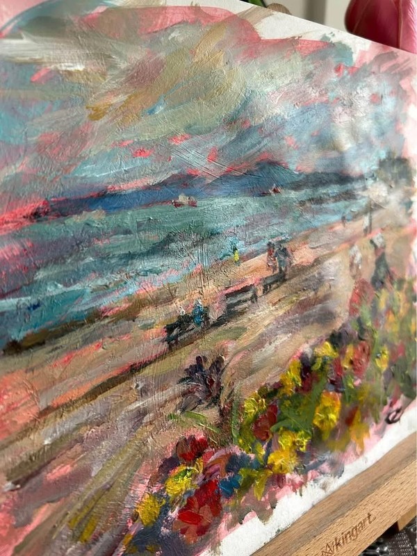 Handmade Beachside Acrylic Painting, A4 Floral Seascape Wall Art, Signed Art gallery