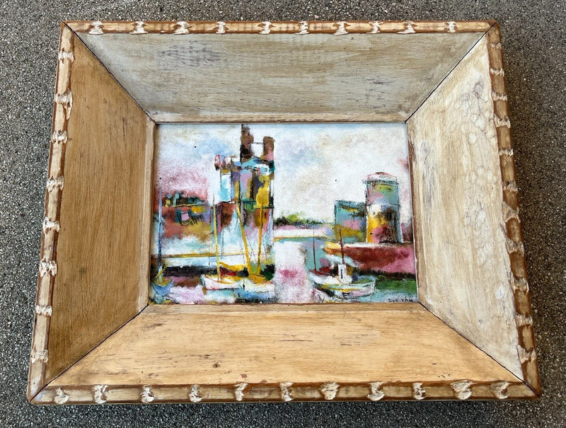 VINTAGE MID- CENTURY " WHARF SCENE" ENAMEL on COPPER PLAQUE PAINTING. SIGNED gallery