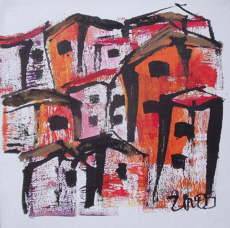 City village Italy acrylic picture on canvas unique gouache orig sign ZM