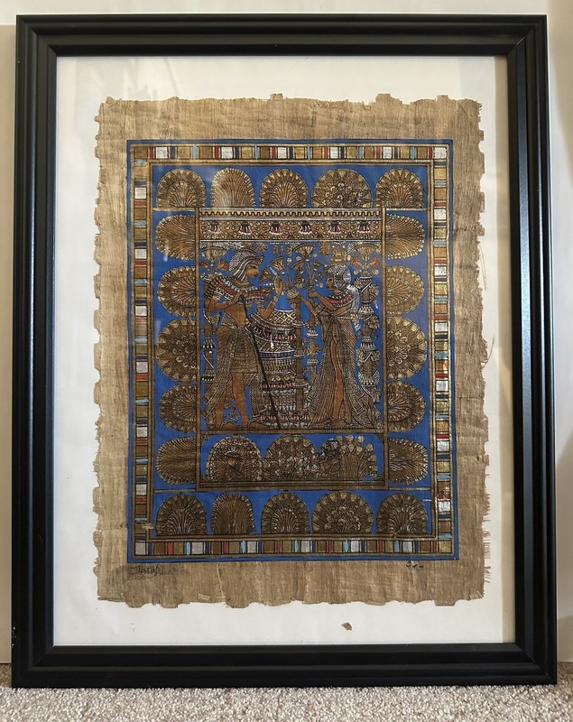 Vintage Signed EGYPTIAN ARTIST FRAMED PAINTING ON PAPYRUS King Tut Wedding 19×16