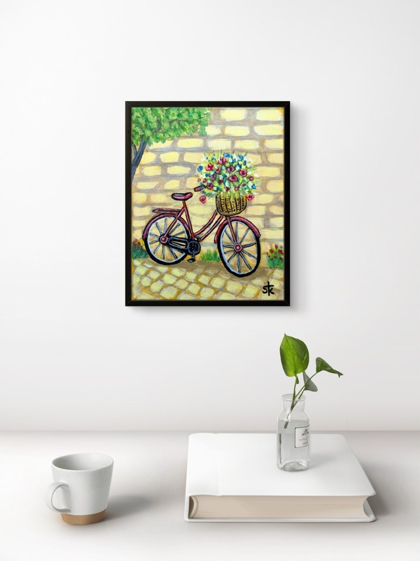 Original Hand Painted 8x10 Bicycle Flowers Acrylic Canvas Home Decor Signed gallery