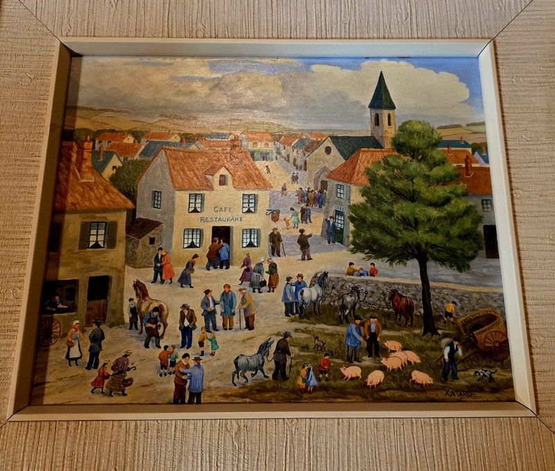 Jean Axatard Signed Oil Village Scene Cafe Church Folk Art 10×9″ Framed