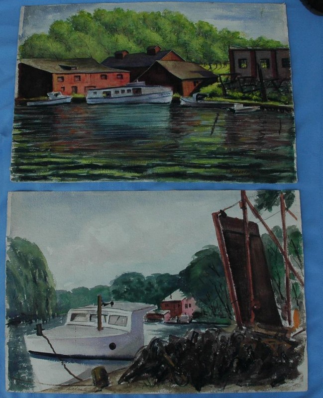 Pair of Vintage Watercolors of a Boatyard Scenes by Artist Michael Dadante