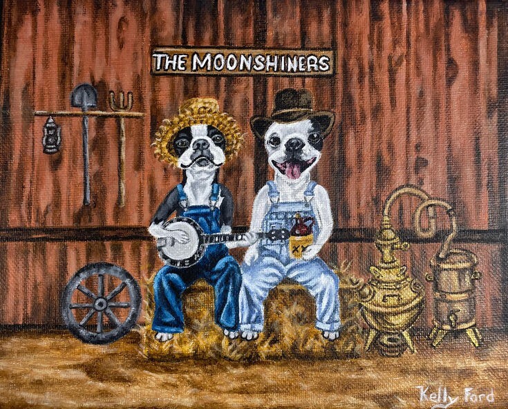 Original Boston Terrier Country Moonshiner rustic painting on canvas 8 x 10
