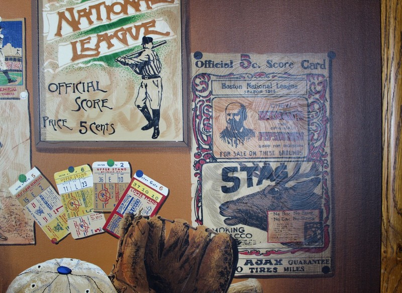 47" Folk art style painting of vintage Baseball, signed Huntington, Lou Gehrig gallery