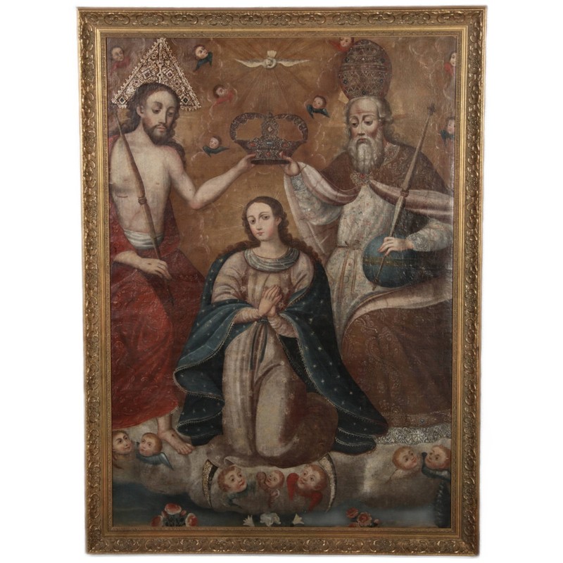 Antique Oil Painting Marian Coronation 18th Century Lima-Peru Cuzco School 175cm x 124cm