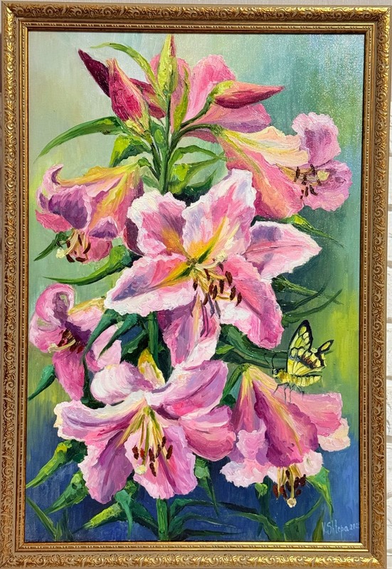 Original Oil Painting Flowers Pink Lilies Floral Impression Art FRAMED 25.5×17.5