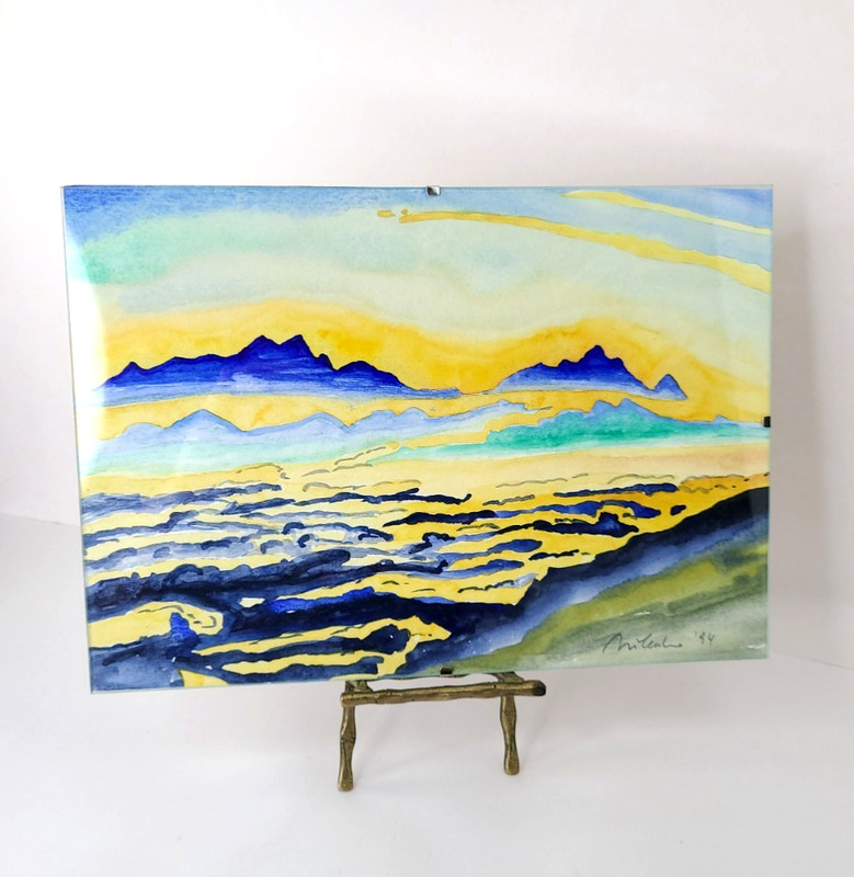 Vintage Original Watercolor Painting Landscape Seaside and mountains Signed