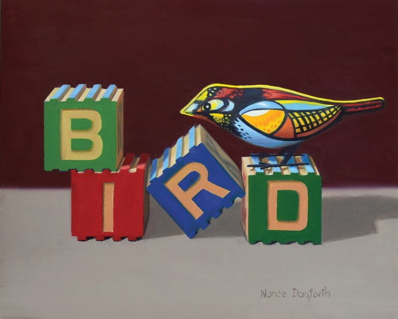 DANFORTH Toy Bird With Blocks, 8×10 still life realistic original oil painting