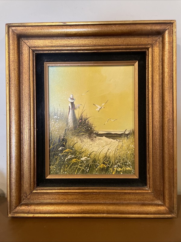 Vintage Original Oil Painting Canvas Framed Seagulls Girl Seashore Signed Artist