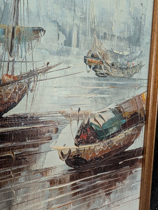 Orig Vintage Oil By P. Wong Artistic Interiors Set Of 2 Hong Kong Junk Boat gallery