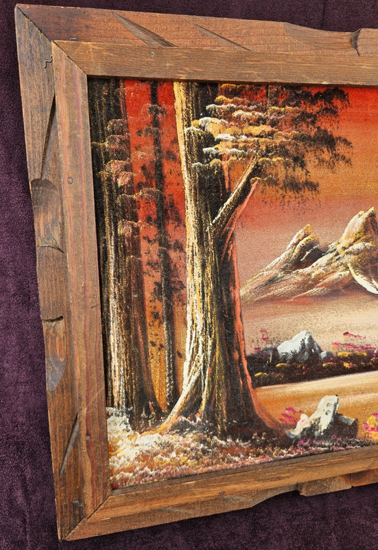 VTG 70s Velvet Painting Mountain Trees Water Landscape Hand Carved Wood Frame gallery