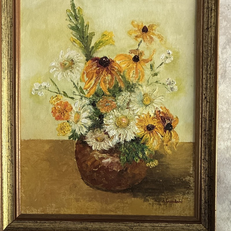 Lindahl Signed Framed Floral Still Life Vase Oil Painting on Canvas, Medium