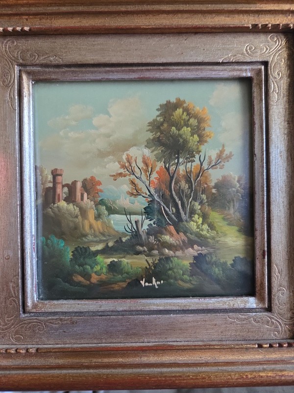 Vintage Italian Oil on Copper Painting Van Ros Signed Castle Convex Bubble Glass
