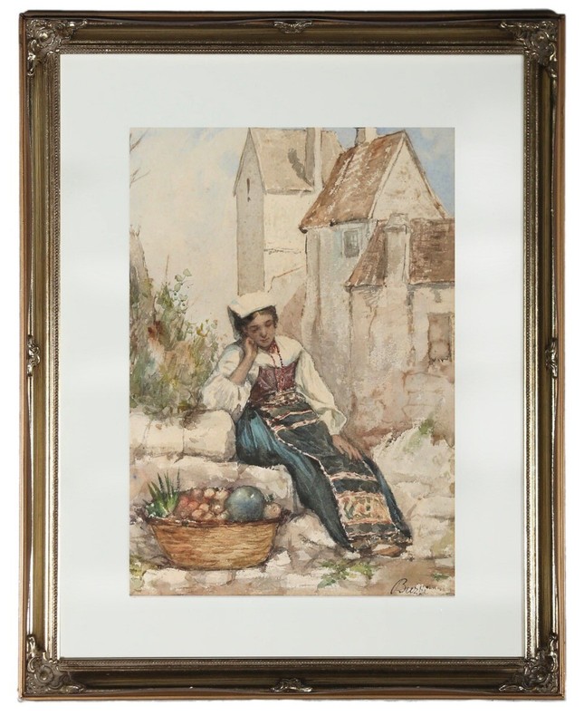 Achille Buzzi – Framed Italian School 19th Century Watercolour, A Moment’s Rest