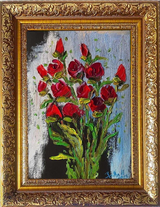 Red Roses Oil Painting, 20×28 cm (7.87×11.02 in), Textured Palette Knife Floral