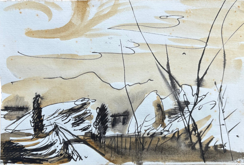 Road & Mountain Landscape 5 x 7 5/8″ Watercolor Painting-C. 1960s-Adolf Konrad