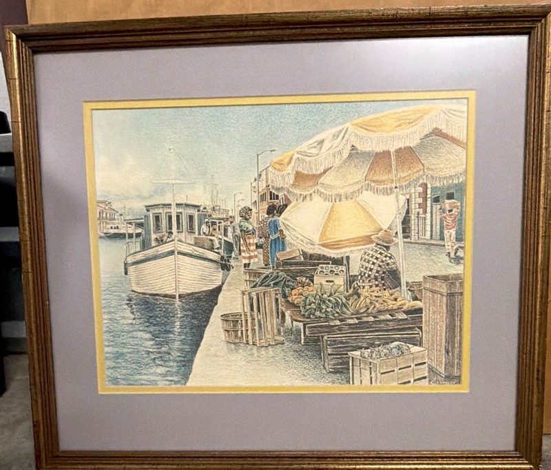 George Vaklev Market Place-Nassau 1969 Lithograph Print Matted & Framed gallery