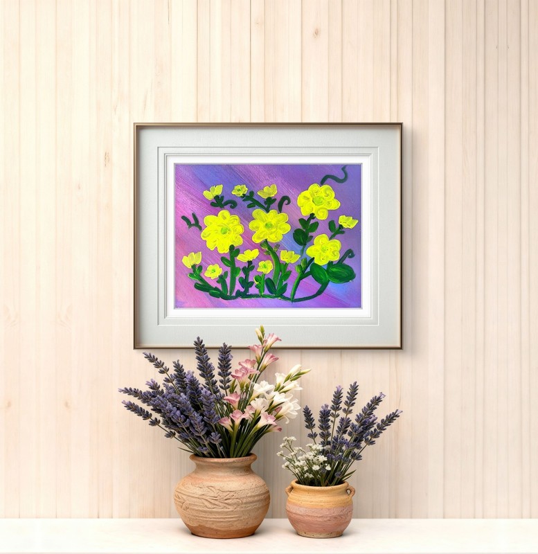 Yellow Floral Acrylic Painting Purple Flower Wall Art Original 11x14 gallery