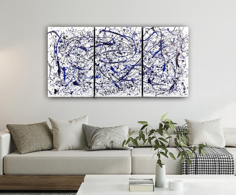 3 Panels Abstract Modern Blue Contemporary Art Jackson Pollock Style Wall Art gallery