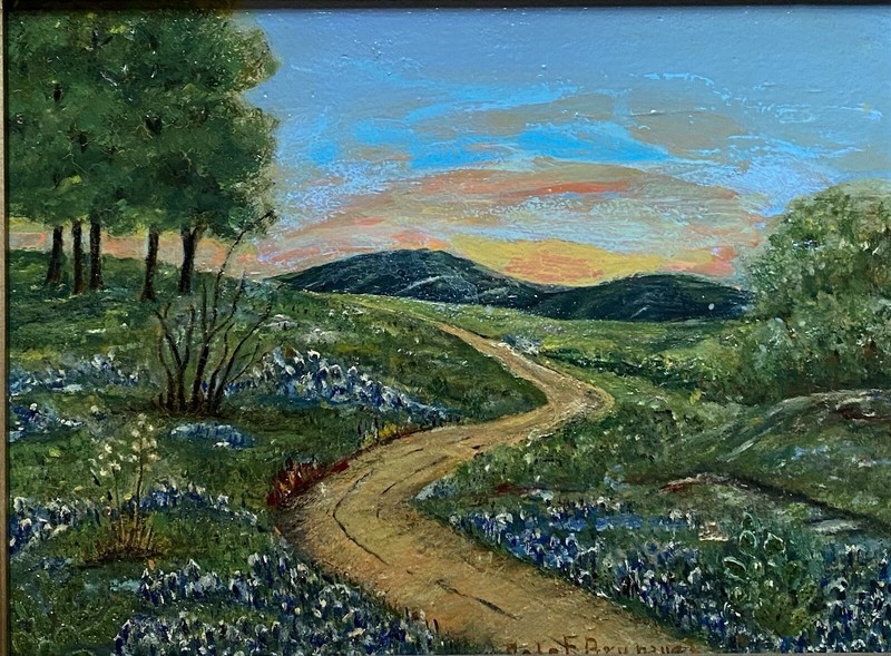 Antique Oil Painting- Bluebonnets With Luminous Skies-Hill Country Landscape gallery