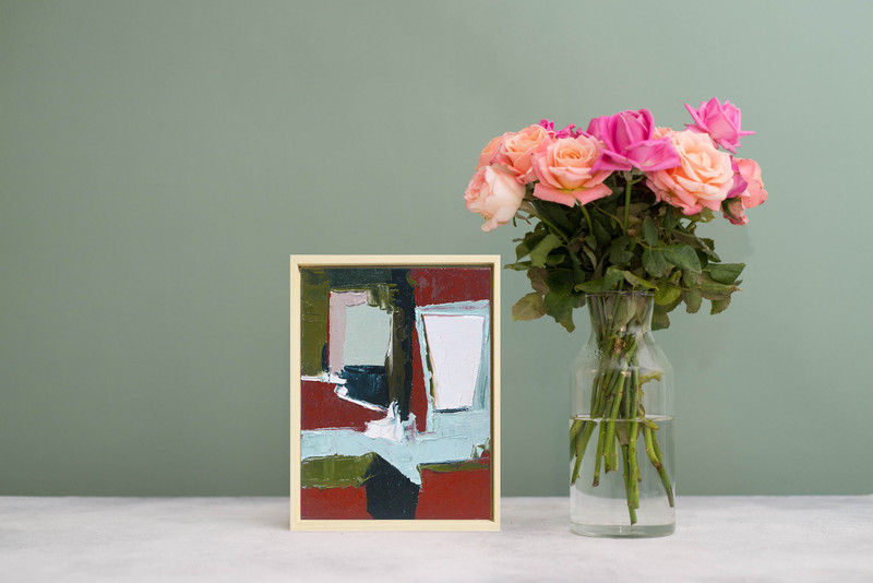 Framed Vertical Oil Painting, Burgundy Olive Wall Decor, One of a Kind Artwork gallery