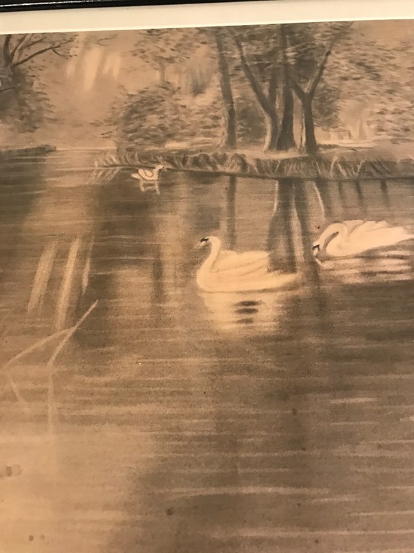 Nice Esther Mossburg 97 "Pond With Swans Scene" Charcoal Drawing - Signed/Framed gallery