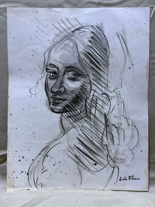 LEONARDO DA VINCI drawing and painting on old paper signed stamped vintage