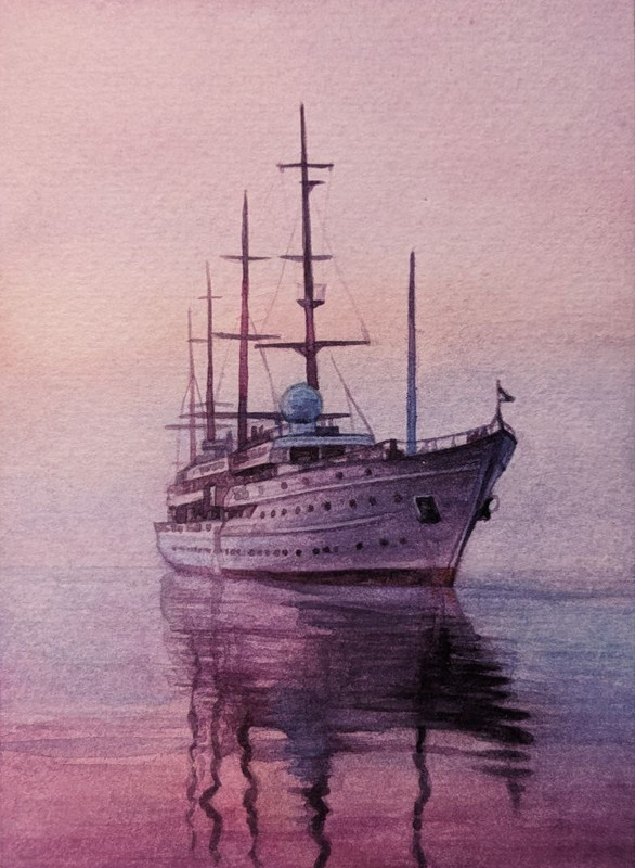 Ocean Purple Sunset, Seascape Ship, Yacht Sailboat Marine Artwork Sea Nautical