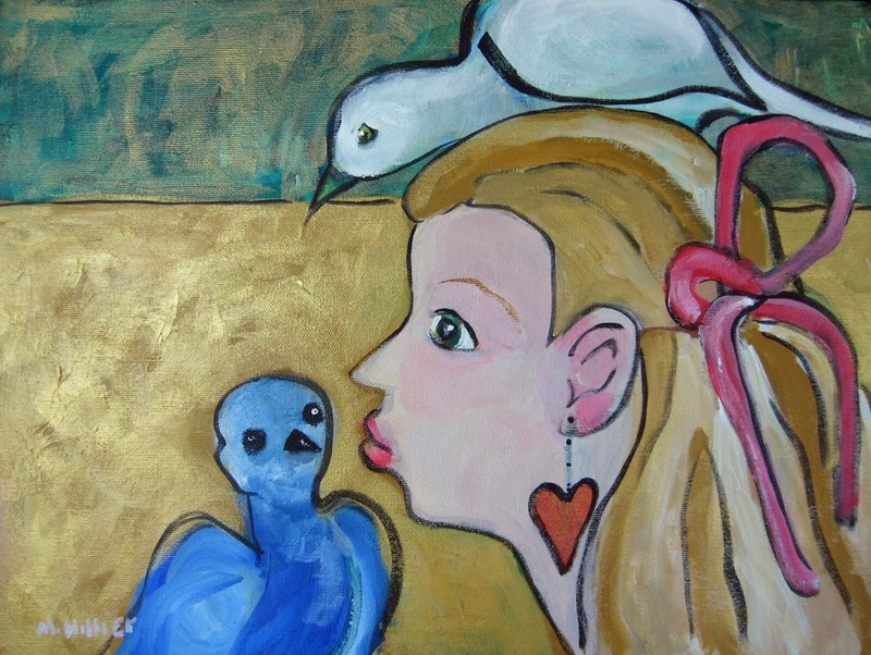 Bird Kisser original girl woman original acrylic painting Mary Hillier