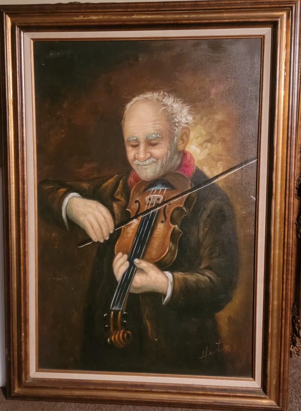 VINTAGE OIL ON CANVAS PAINTING SIGNED 31X43 » FRAMED THE VIOLIN PLAYER