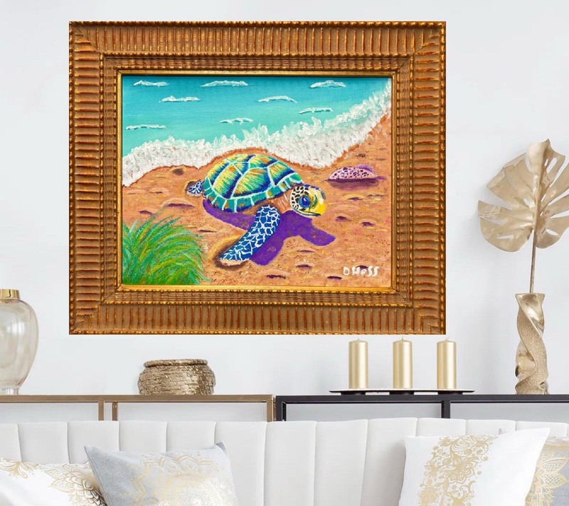 Original Sea Turtle Tropical Beach Painting/Framed/Oceanlife Art/19 X 16